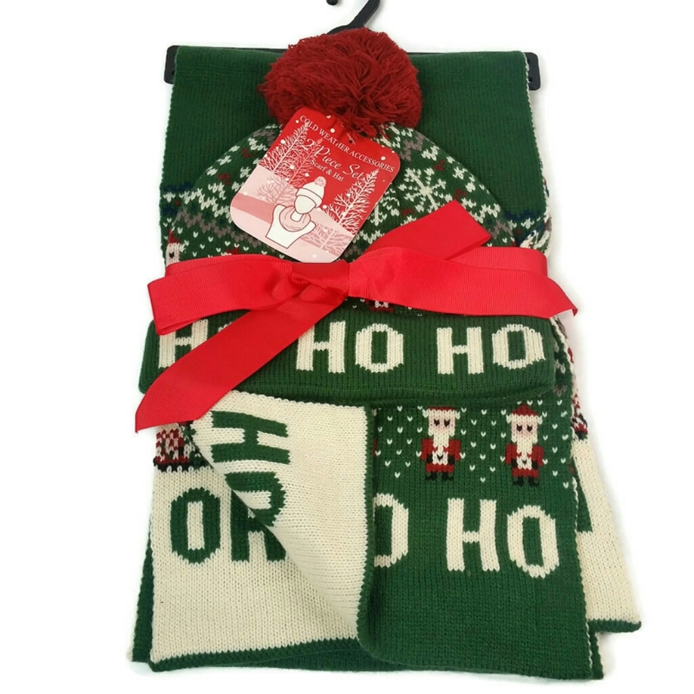 HO HO HO Christmas SCARF POM BEANIE GIFT SET 2-pc - Picture 4 of 6